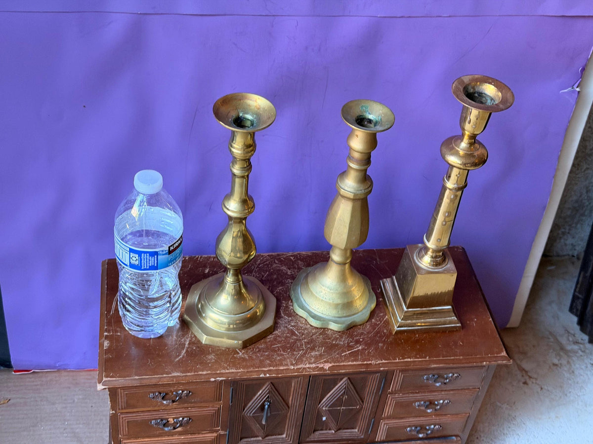 Vintage Brass Candlesticks Set Mismatched Taper Holders Trio 11.8"