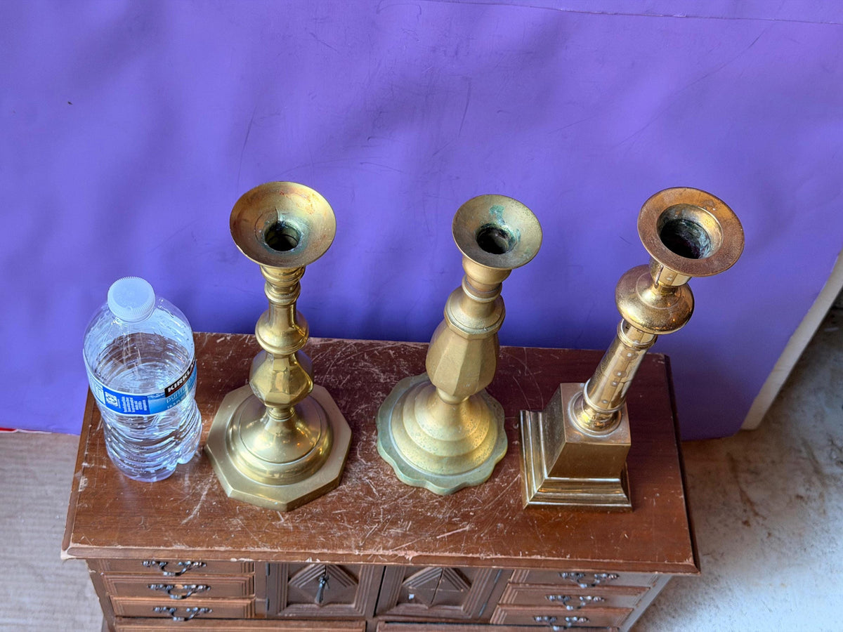 Vintage Brass Candlesticks Set Mismatched Taper Holders Trio 11.8"