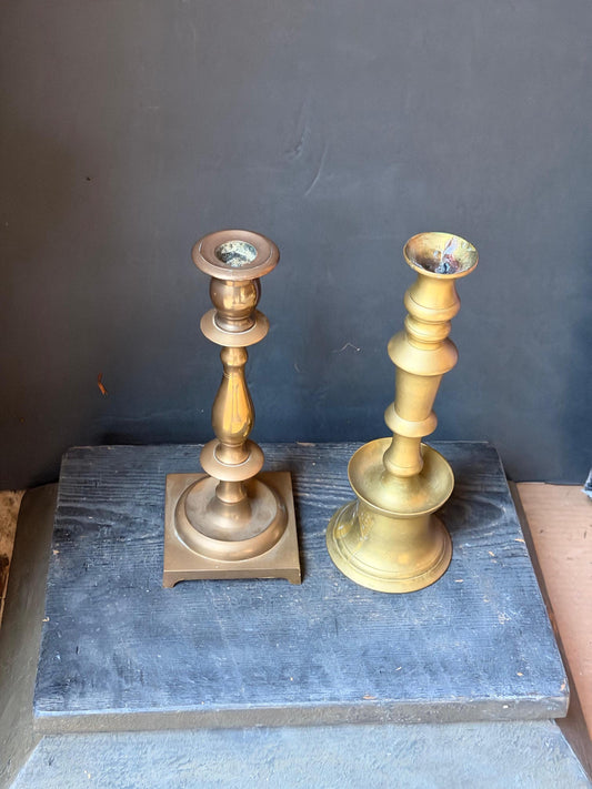 Vintage Brass Taper Candlestick Pair Mismatched Candle Holders Decor 9.5"
