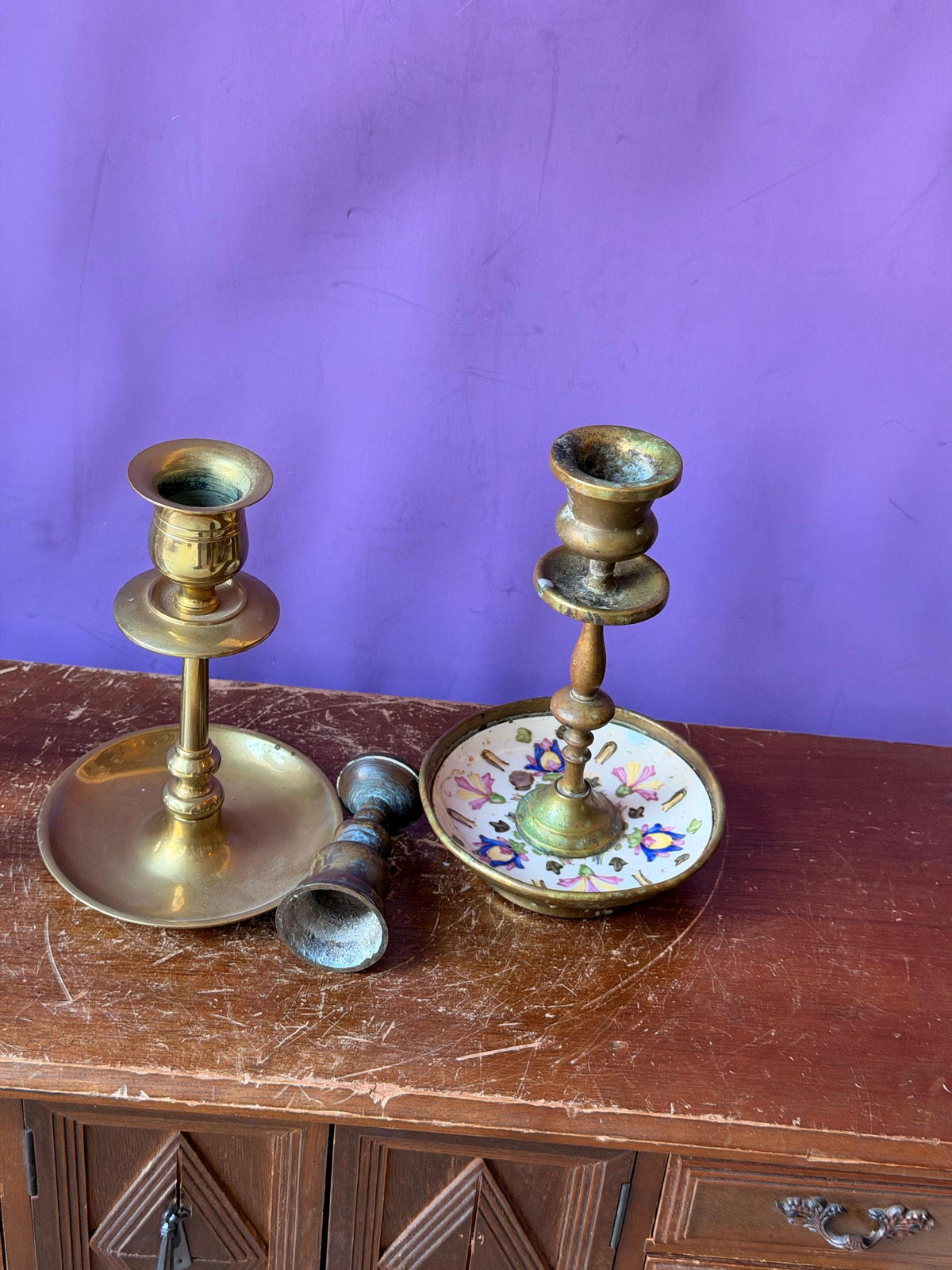 Vintage Brass Candlesticks Pair Mismatched Taper Holders Duo 9.5"