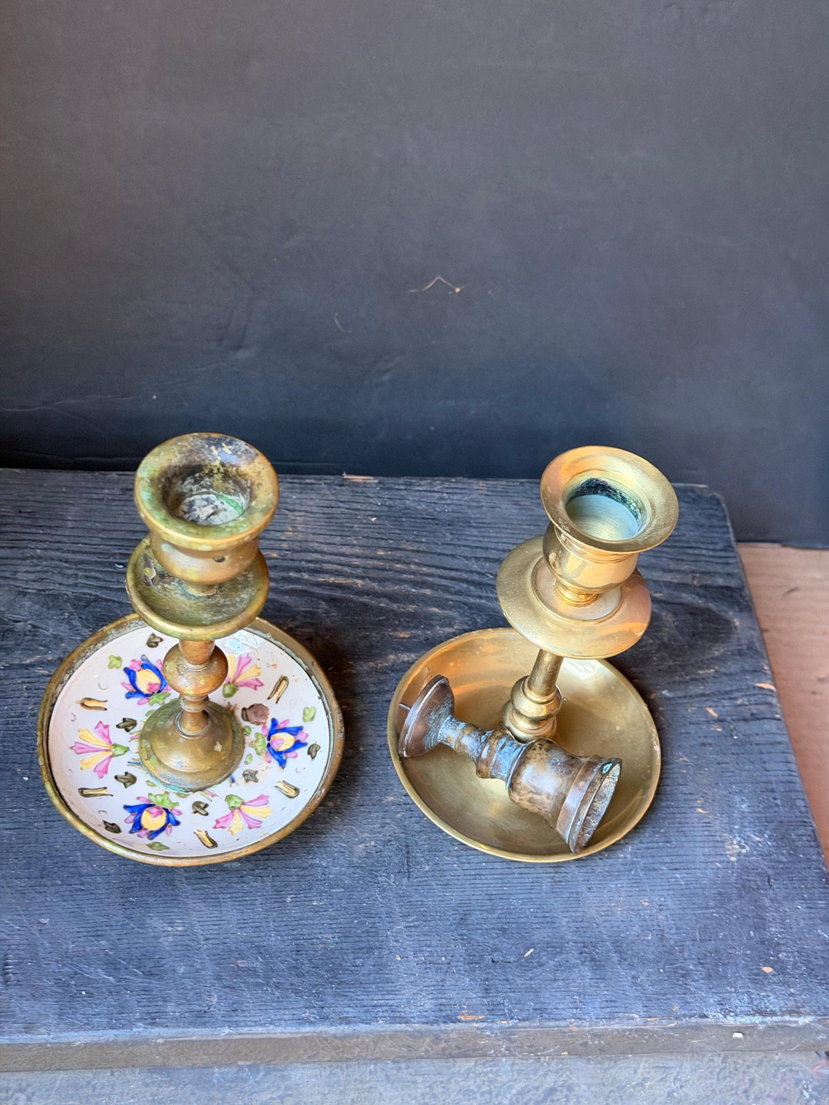 Vintage Brass Candlesticks Pair Mismatched Taper Holders Duo 9.5"