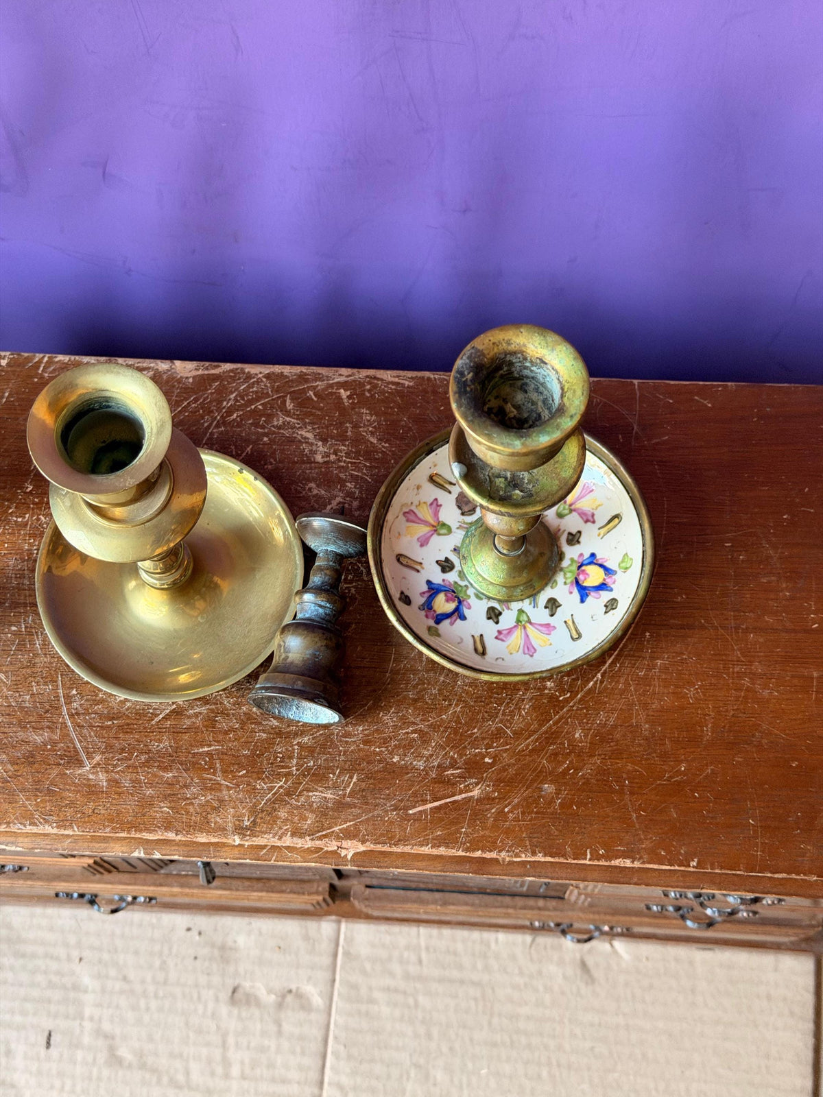 Vintage Brass Candlesticks Pair Mismatched Taper Holders Duo 9.5"