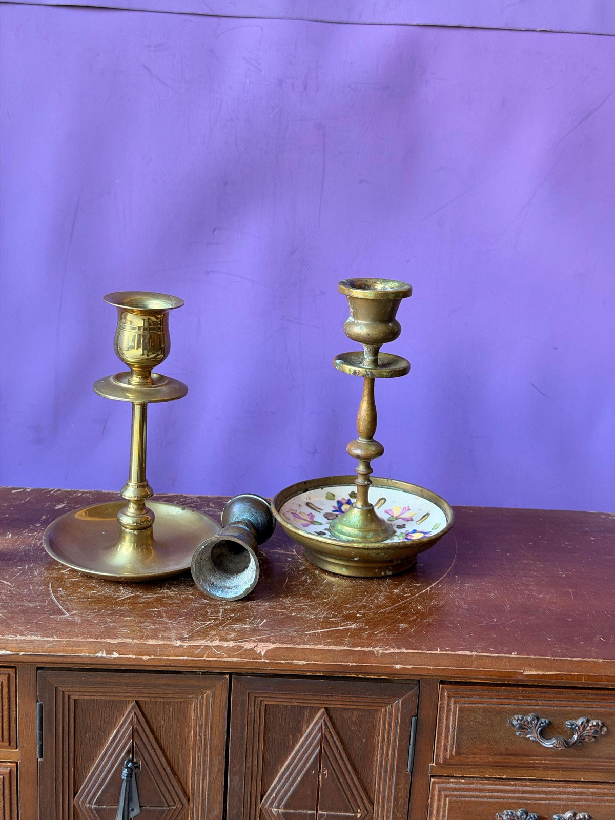 Vintage Brass Candlesticks Pair Mismatched Taper Holders Duo 9.5"