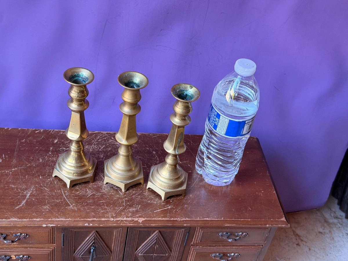 Vintage Brass Candlesticks Set of 3 Hexagonal Matching Taper Holders 6.5"