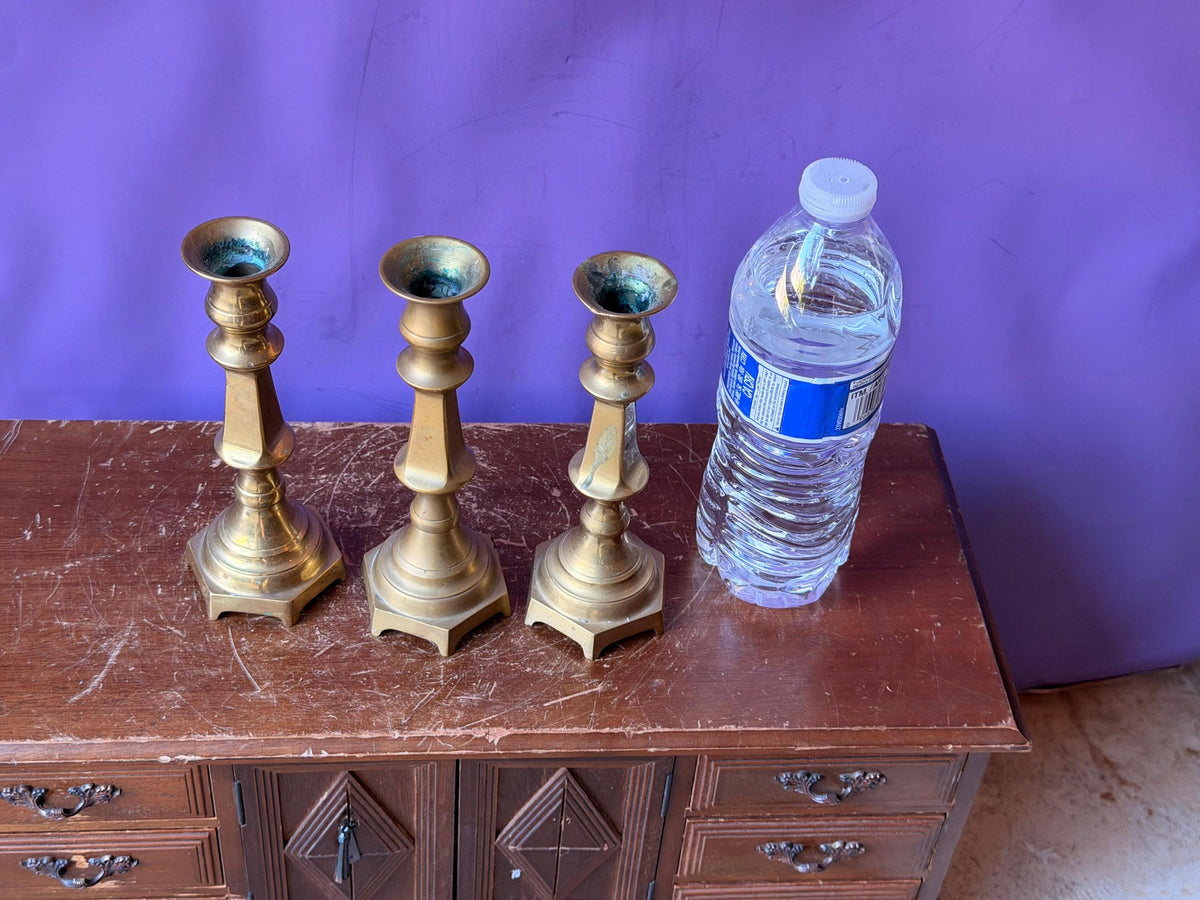 Vintage Brass Candlesticks Set of 3 Hexagonal Matching Taper Holders 6.5"