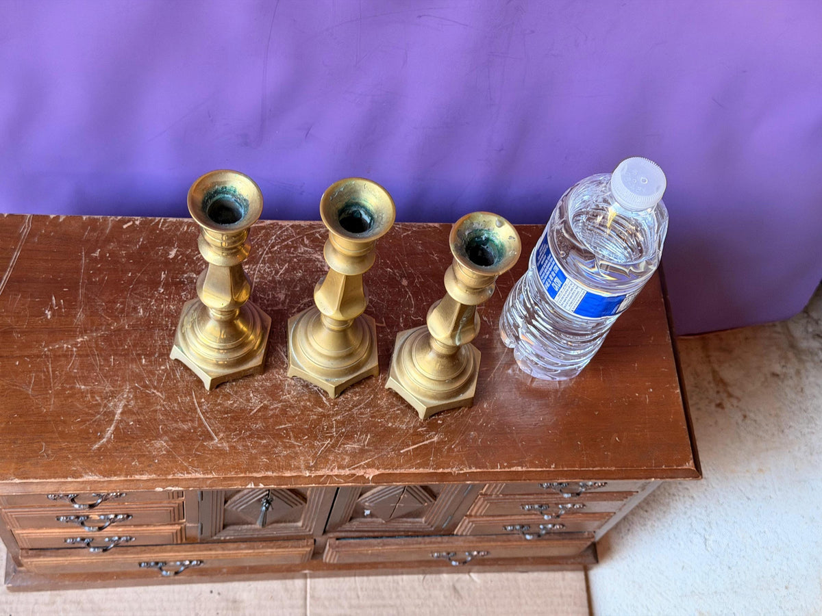 Vintage Brass Candlesticks Set of 3 Hexagonal Matching Taper Holders 6.5"