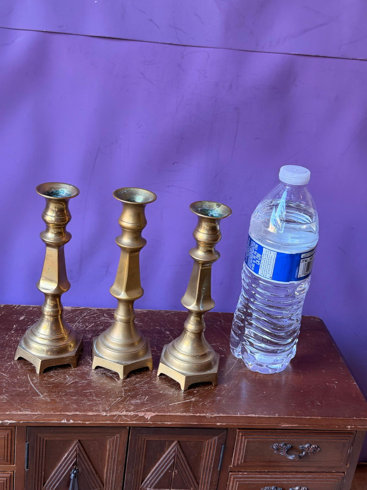 Vintage Brass Candlesticks Set of 3 Hexagonal Matching Taper Holders 6.5"