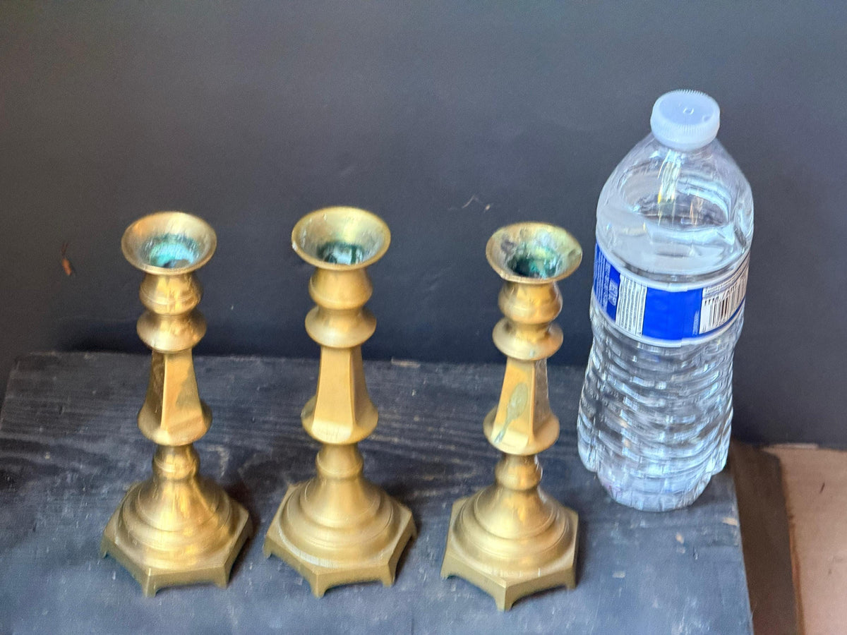 Vintage Brass Candlesticks Set of 3 Hexagonal Matching Taper Holders 6.5"