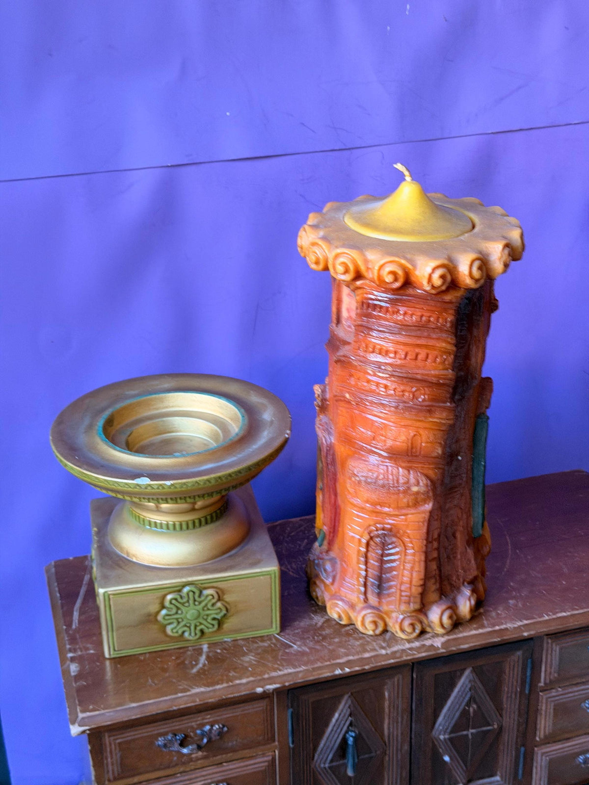 Vintage Sculpted 3D Storybook Pillar Candle with Ornate Pedestal Stand Set