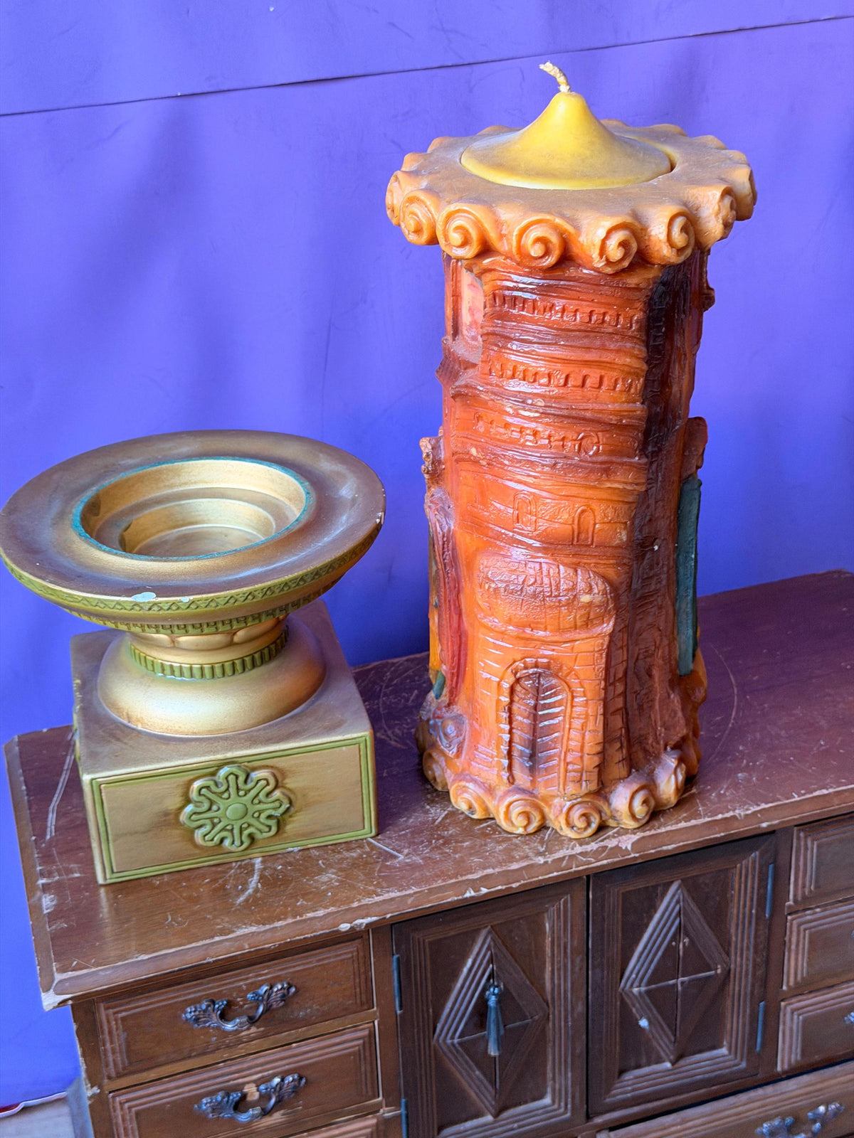 Vintage Sculpted 3D Storybook Pillar Candle with Ornate Pedestal Stand Set