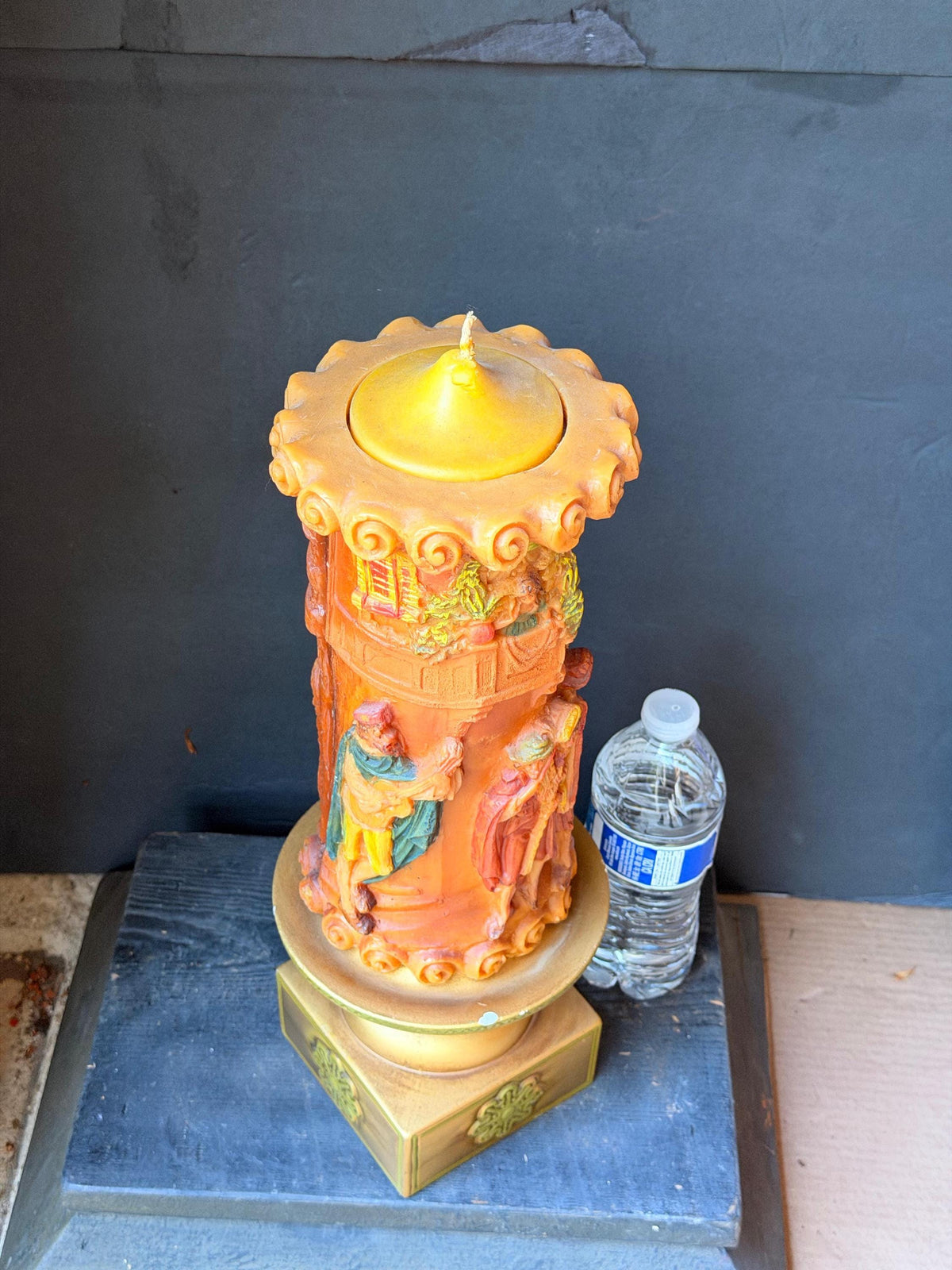 Vintage Sculpted 3D Storybook Pillar Candle with Ornate Pedestal Stand Set