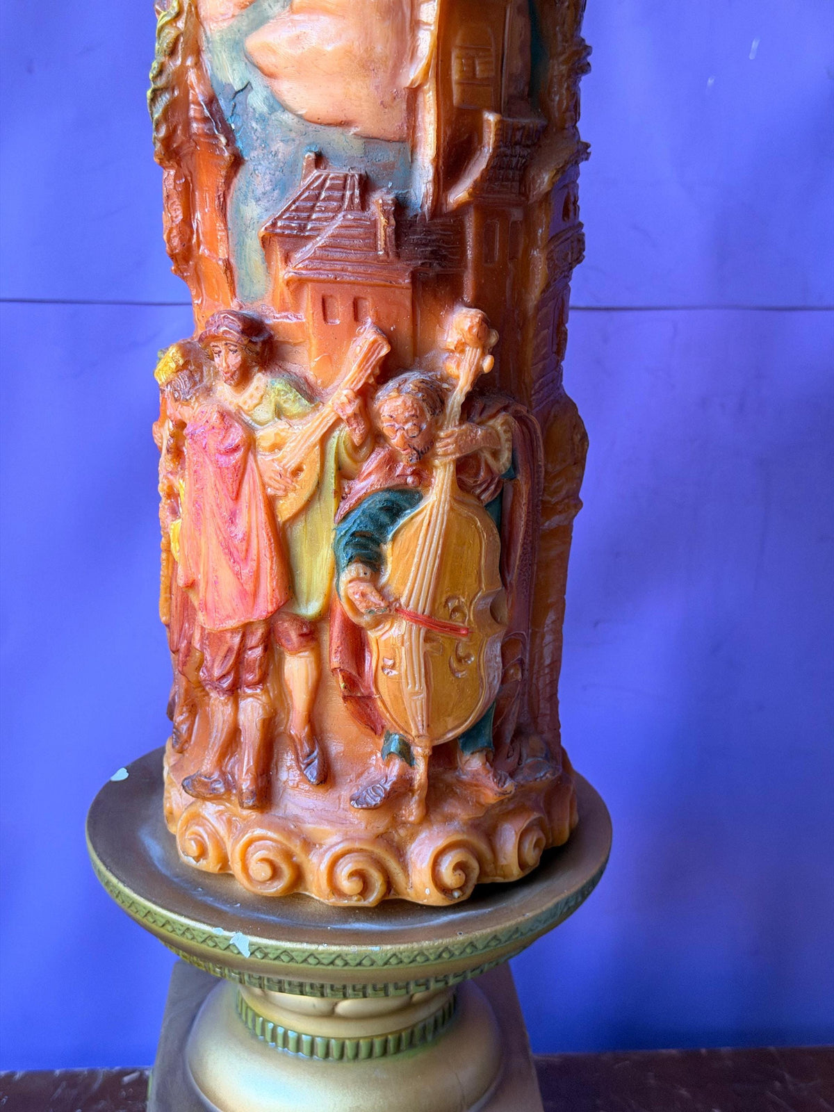 Vintage Sculpted 3D Storybook Pillar Candle with Ornate Pedestal Stand Set