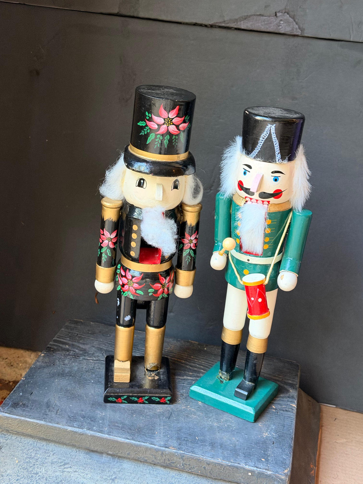 Vintage Wooden Nutcracker Pair 13.5" Drummer Boy & Painted Poinsettia Soldier