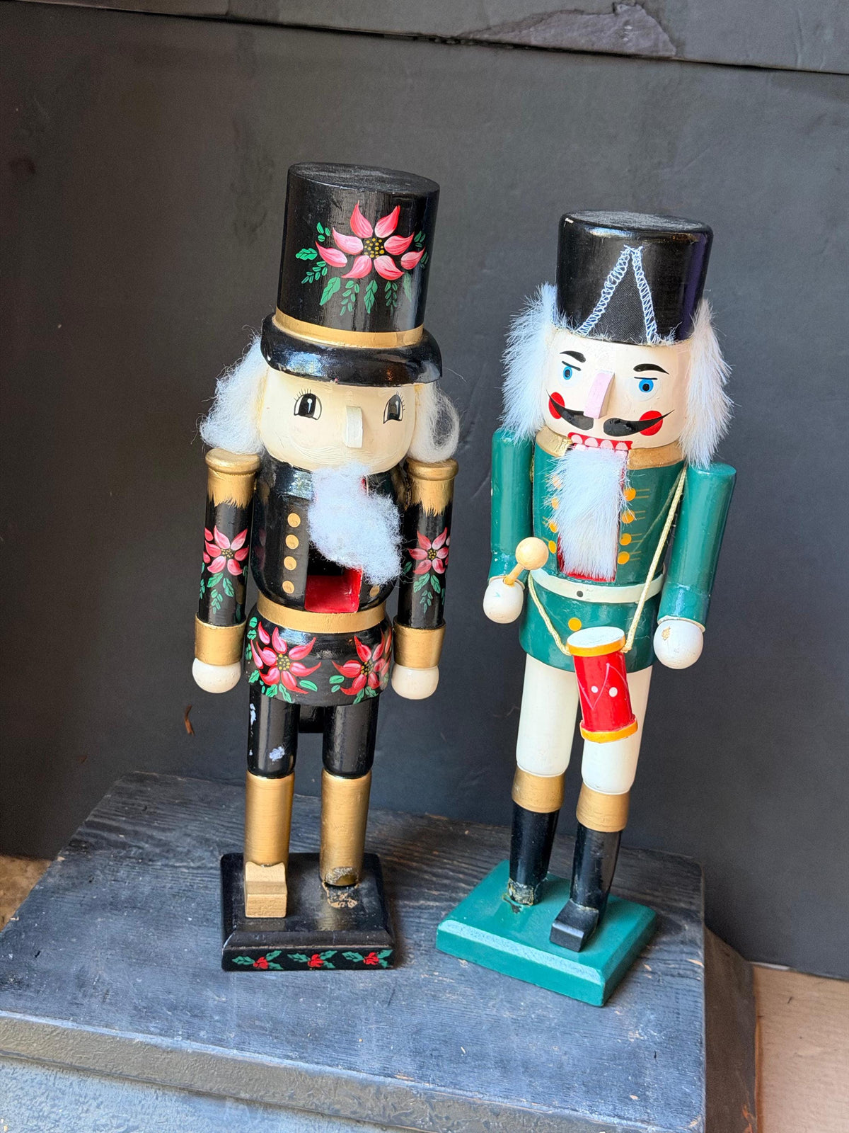 Vintage Wooden Nutcracker Pair 13.5" Drummer Boy & Painted Poinsettia Soldier