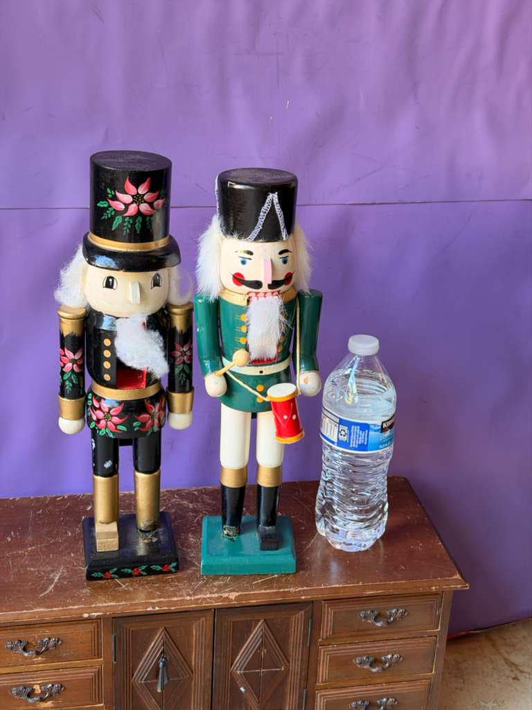 Vintage Wooden Nutcracker Pair 13.5" Drummer Boy & Painted Poinsettia Soldier
