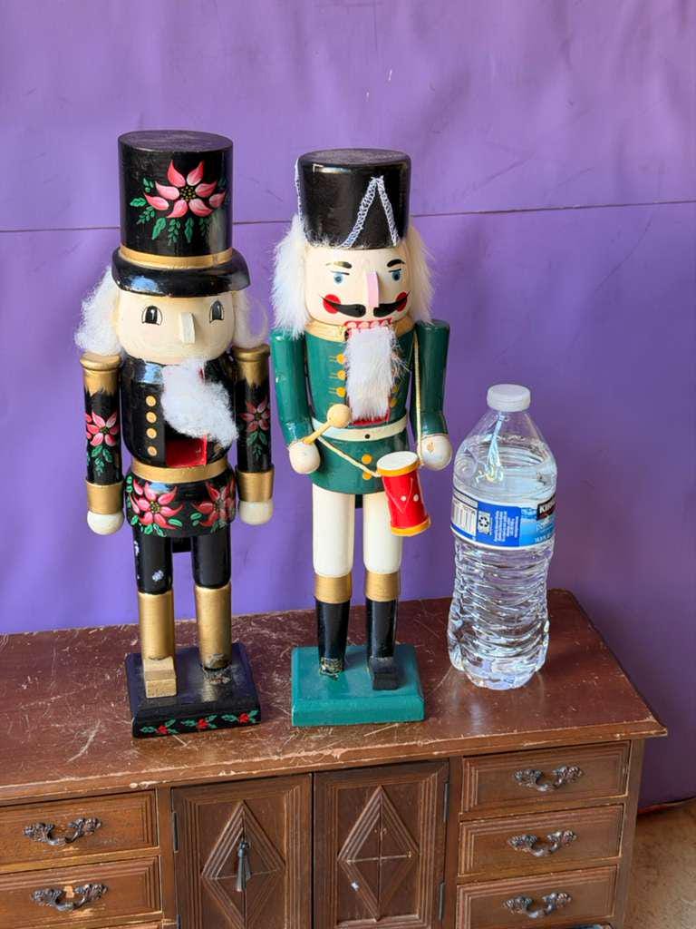 Vintage Wooden Nutcracker Pair 13.5" Drummer Boy & Painted Poinsettia Soldier