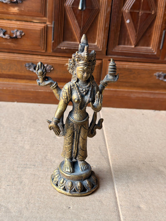 Vintage Indian Brass Goddess Lakshmi Sculpture 6" Hindu Altar Art