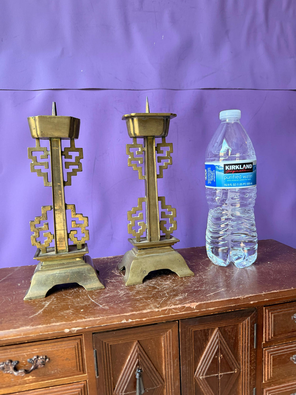 Vintage Brass Asian Fretwork Pricket Candlesticks Pair 8.5" Altar Holders