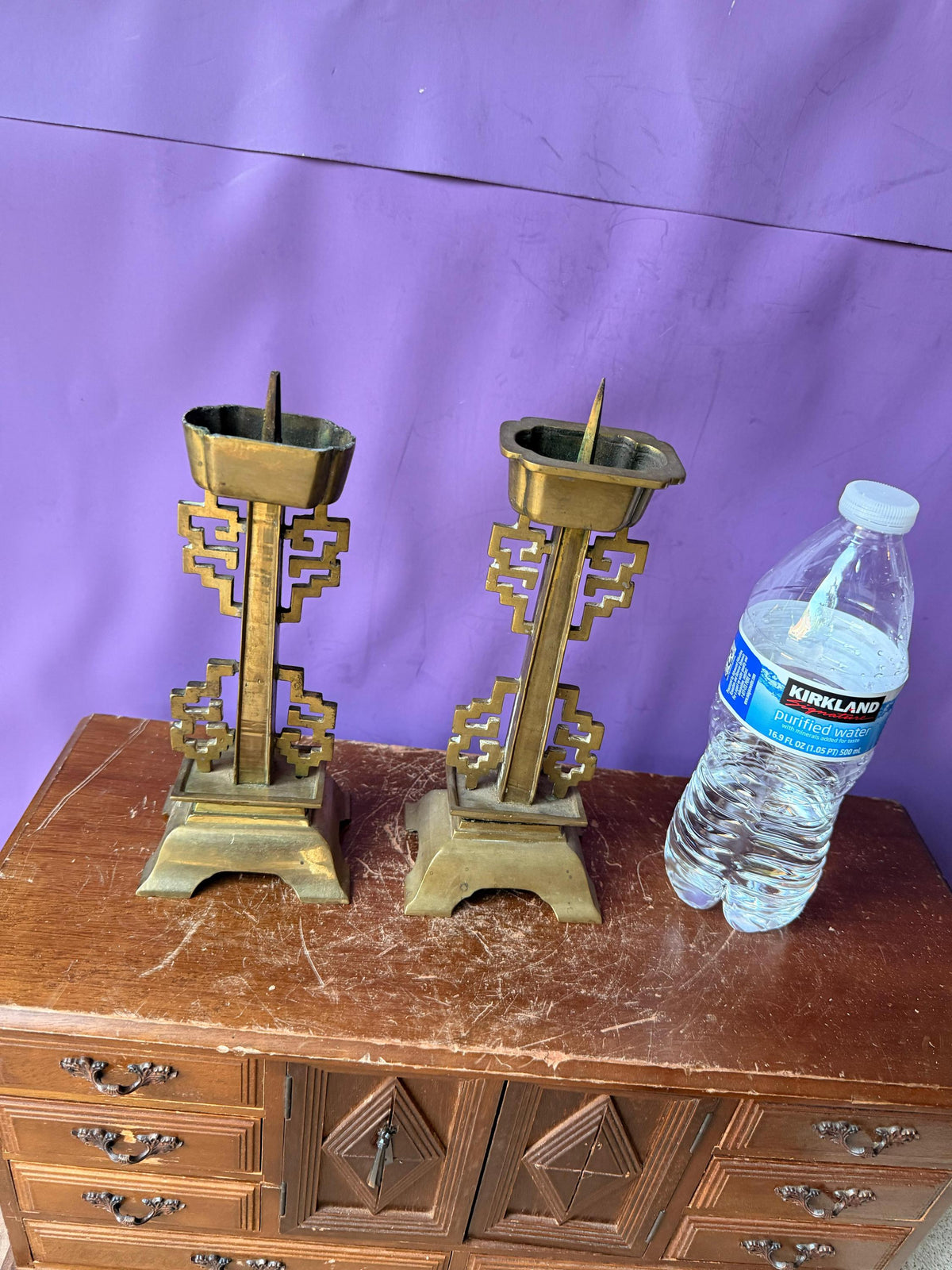 Vintage Brass Asian Fretwork Pricket Candlesticks Pair 8.5" Altar Holders
