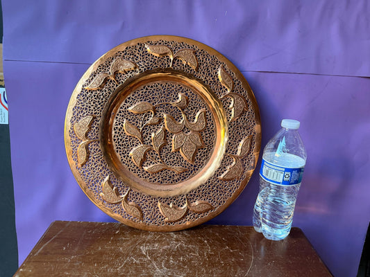 Vintage Pierced Copper Wall Platter 13.2" Hand-Chased Openwork Filigree Charger