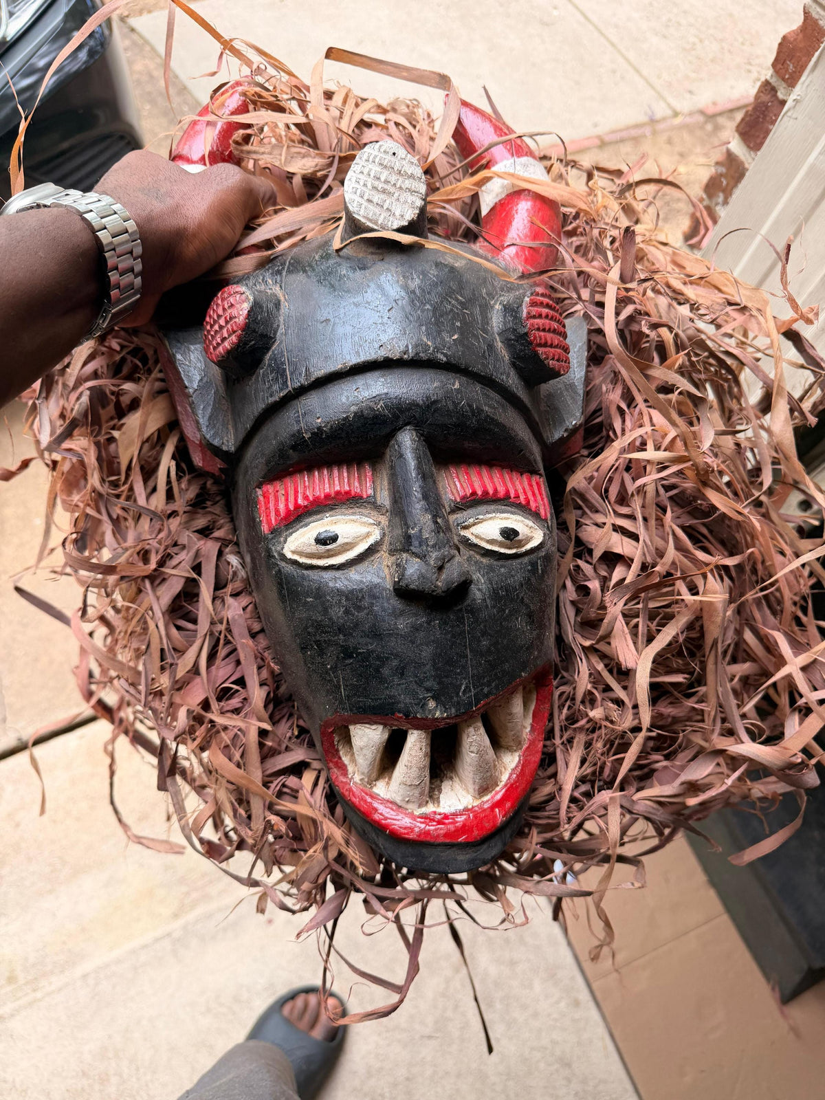 Vintage Igala Horned Masquerade Mask Raffia Carved Wood Nigeria African 19"