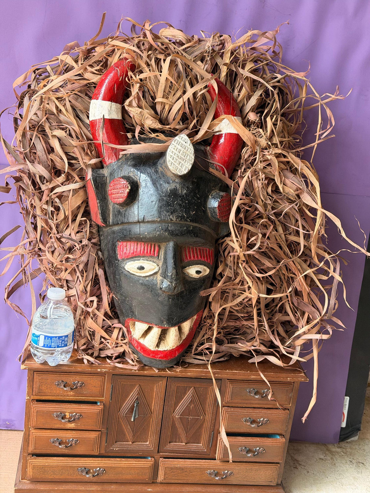 Vintage Igala Horned Masquerade Mask Raffia Carved Wood Nigeria African 19"