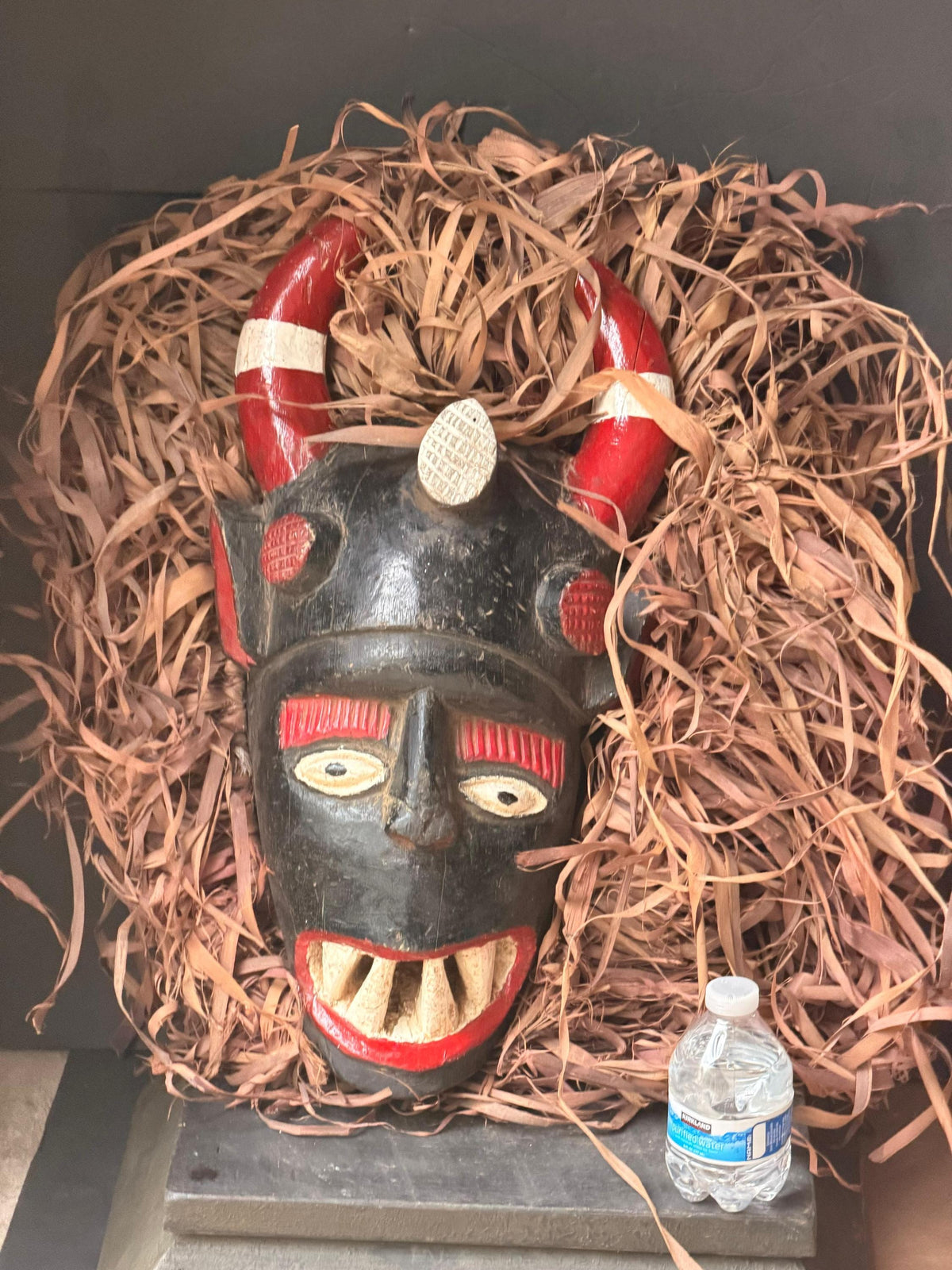 Vintage Igala Horned Masquerade Mask Raffia Carved Wood Nigeria African 19"