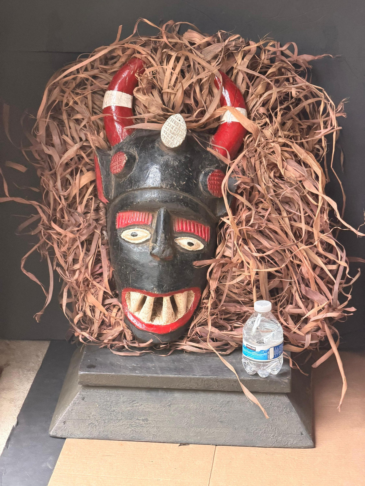 Vintage Igala Horned Masquerade Mask Raffia Carved Wood Nigeria African 19"