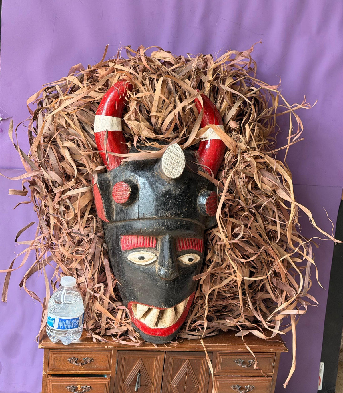 Vintage Igala Horned Masquerade Mask Raffia Carved Wood Nigeria African 19"