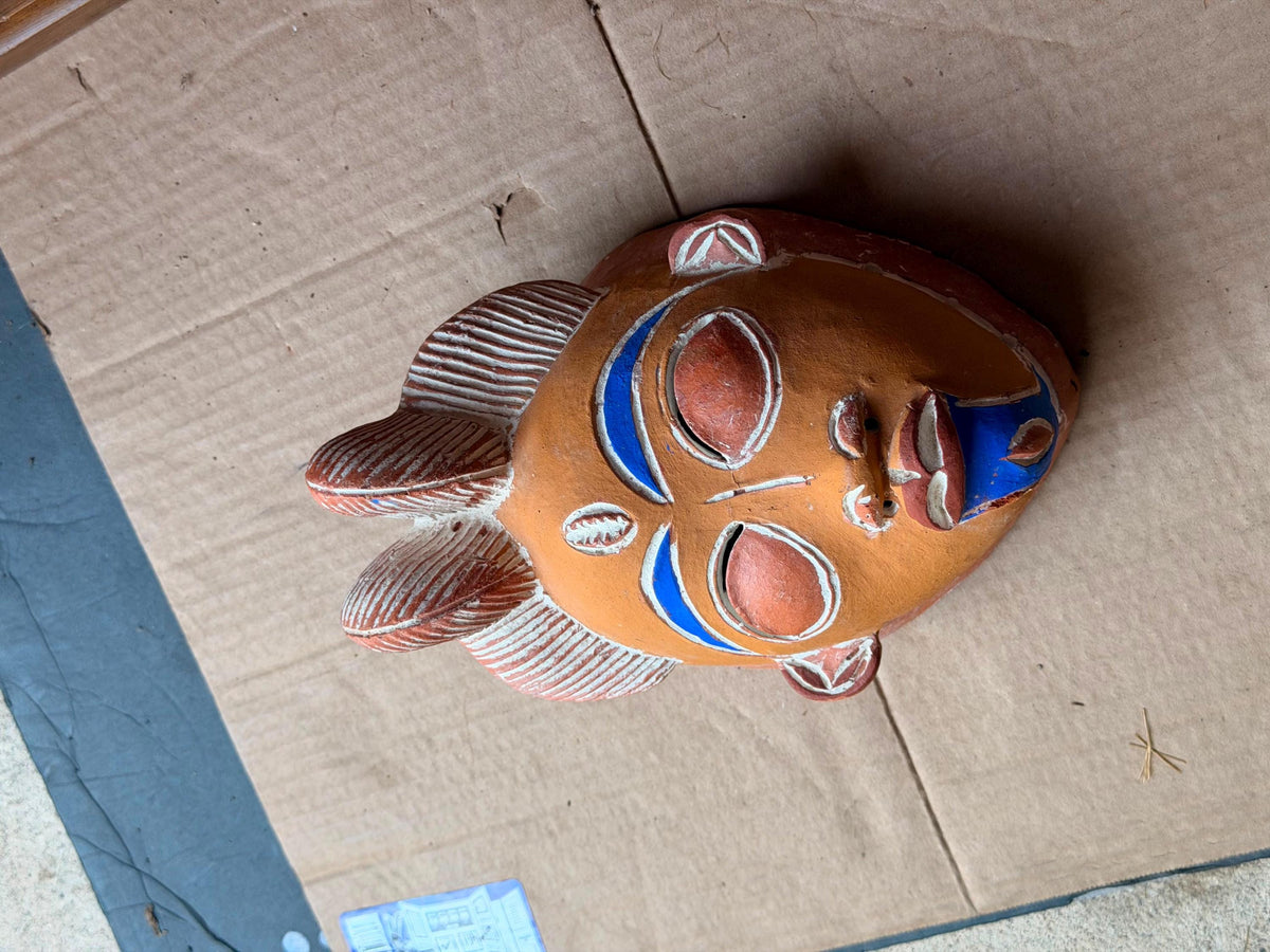Vintage African Terracotta Punu Mask - Painted Clay Tribal Art 8"