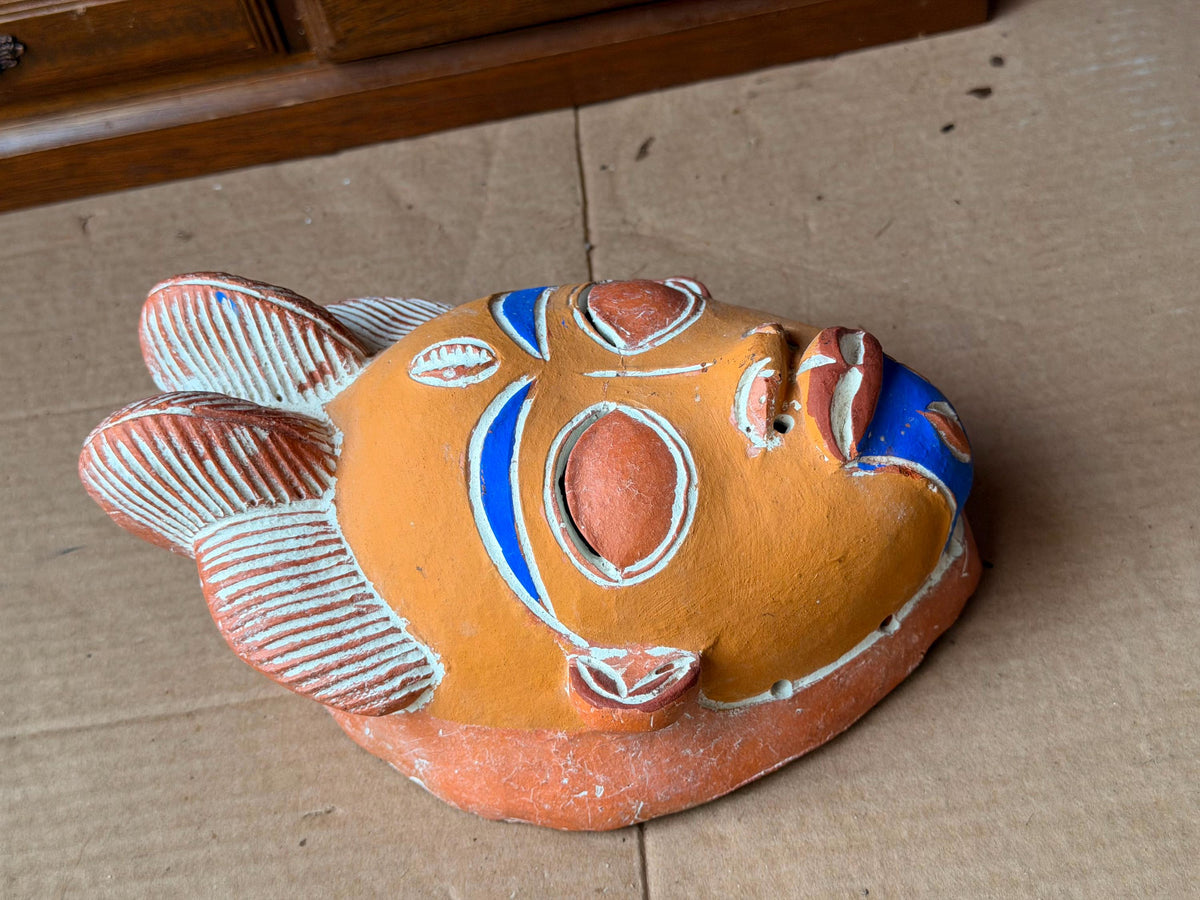 Vintage African Terracotta Punu Mask - Painted Clay Tribal Art 8"