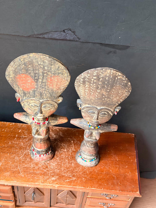 Vintage Ashanti Akuaba Fertility Dolls Set of 2 Carved Wood Ghana African 13"