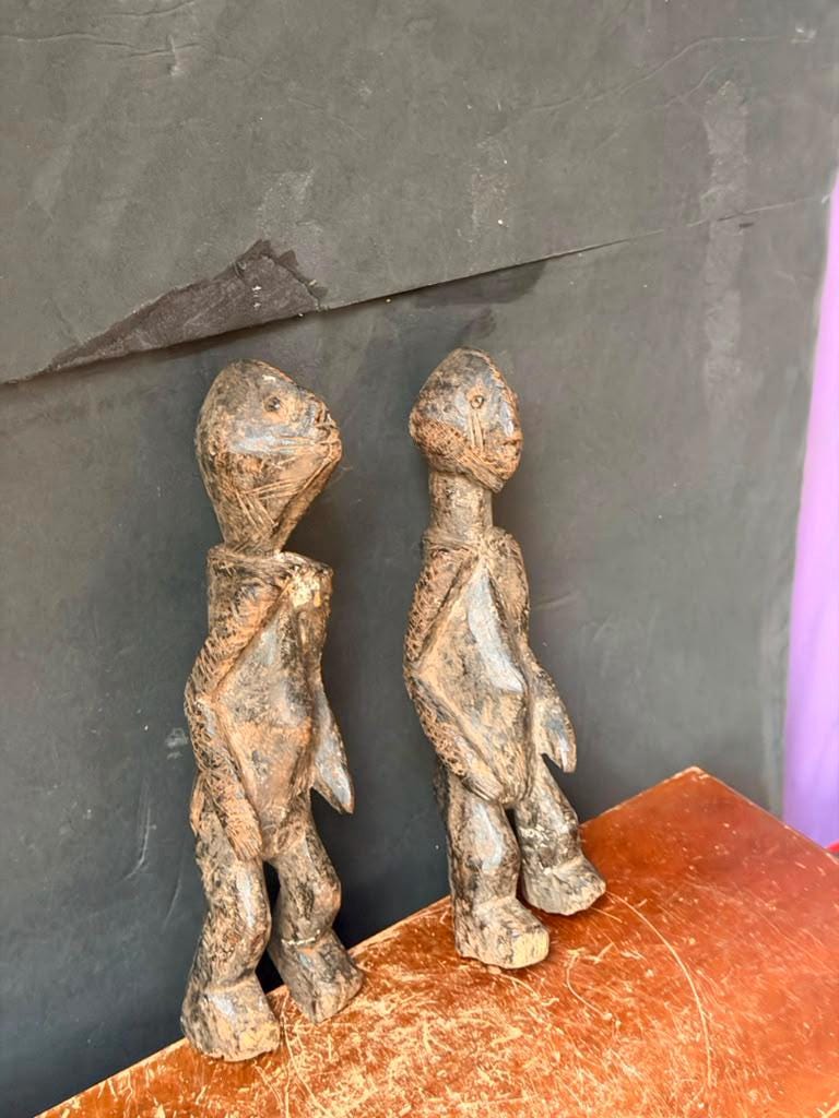 Vintage African Wood Chamba Ancestor Figures Set of 2 Nigeria Tau Sculptures 10"