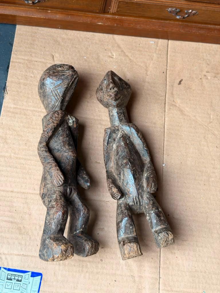 Vintage African Wood Chamba Ancestor Figures Set of 2 Nigeria Tau Sculptures 10"