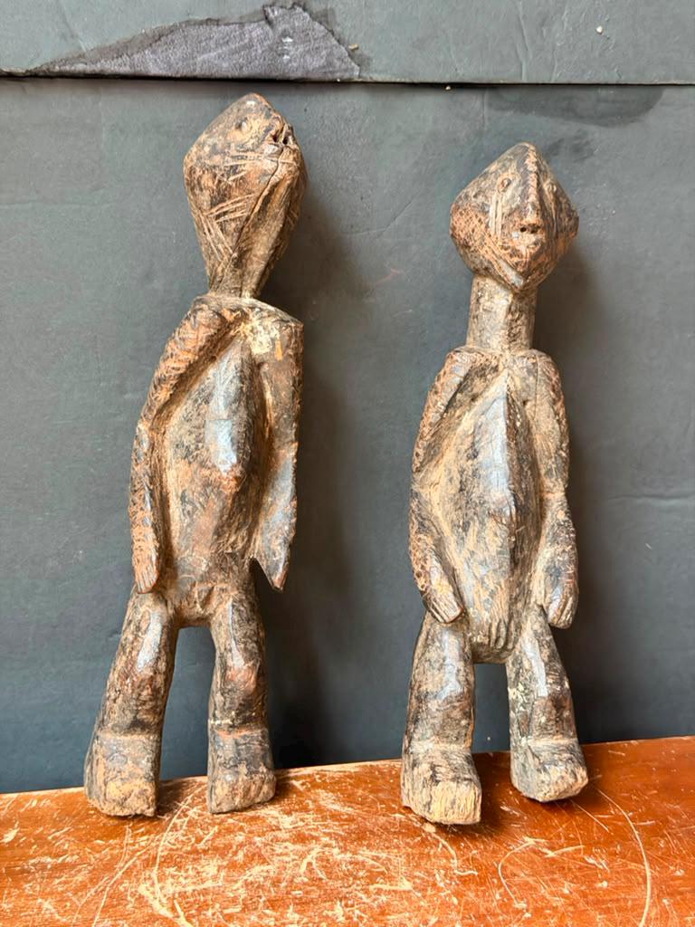 Vintage African Wood Chamba Ancestor Figures Set of 2 Nigeria Tau Sculptures 10"