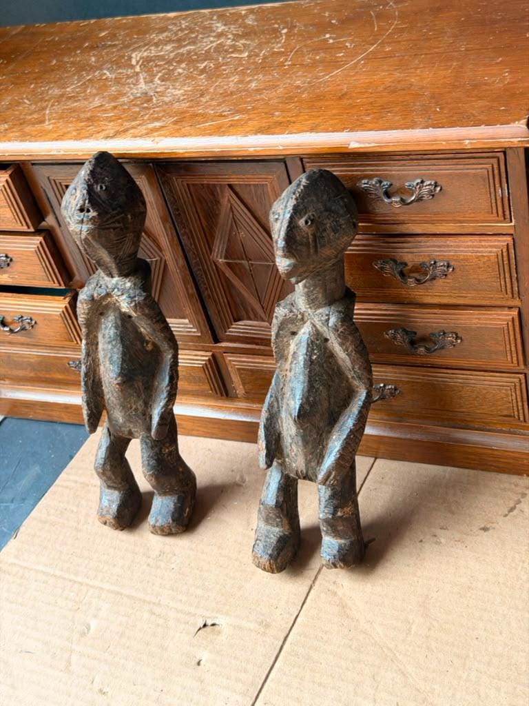 Vintage African Wood Chamba Ancestor Figures Set of 2 Nigeria Tau Sculptures 10"