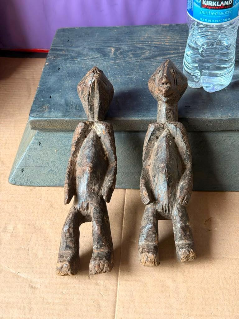 Vintage African Wood Chamba Ancestor Figures Set of 2 Nigeria Tau Sculptures 10"
