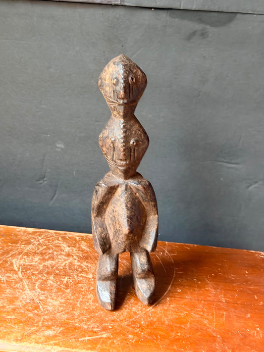 Vintage African Chamba Wood Figure Nigeria Double Headed Tau Sculpture 9.5"
