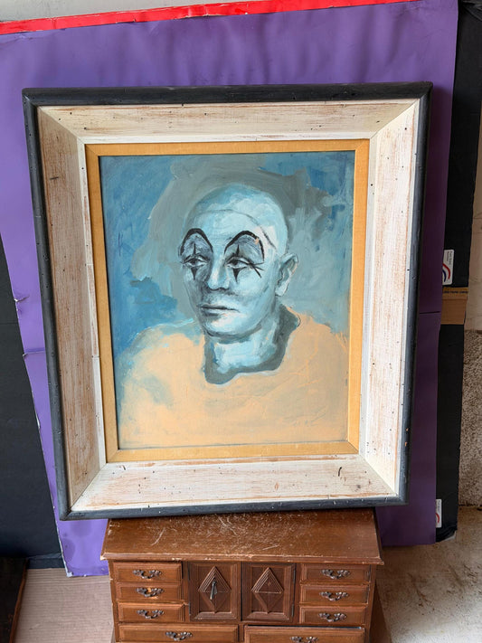 Vintage Mid Century Melancholic Blue Clown Oil Painting Framed Pierrot Portrait