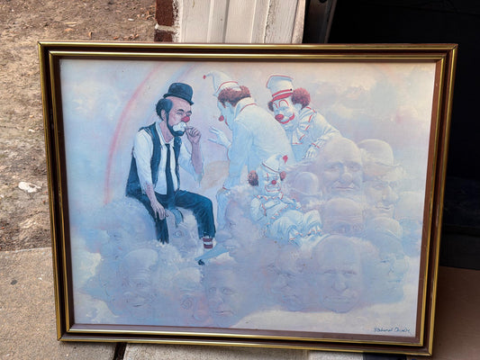Vintage Robert Owen Rainbow Clowns in Clouds Framed Art Print Circus 30x24