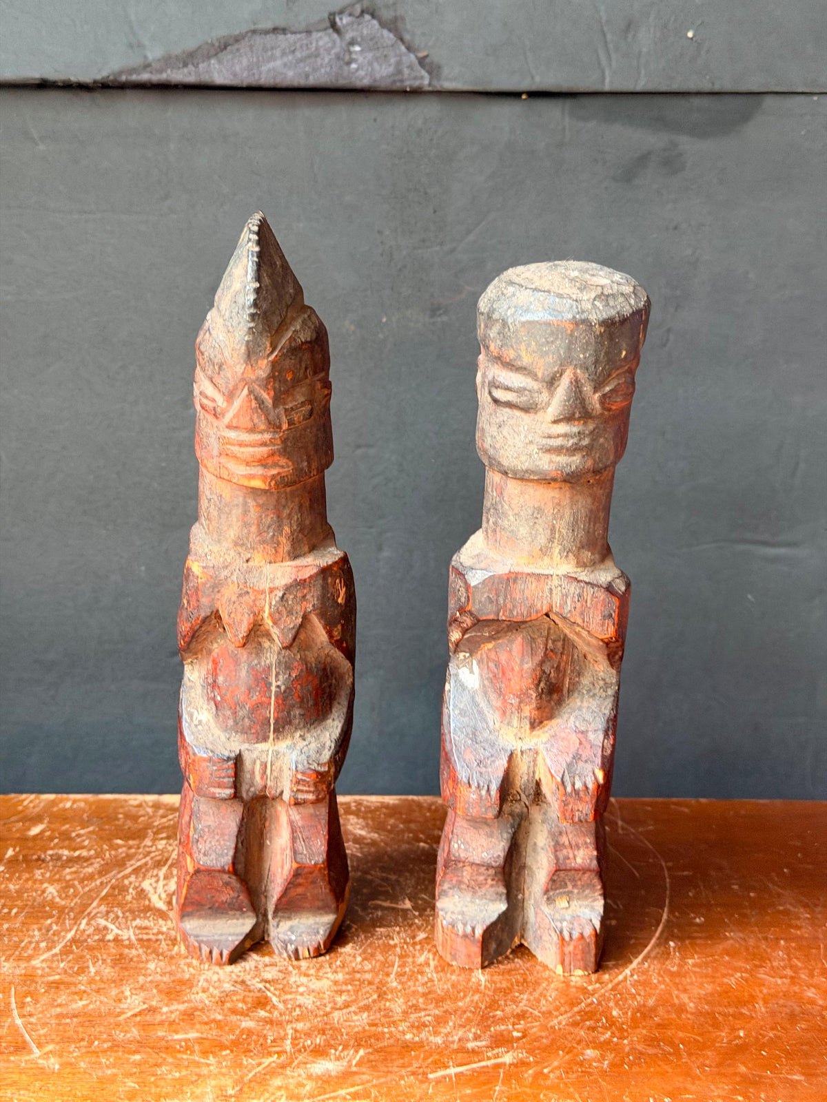 Vintage Yoruba Ere Ibeji Twin Figures Hand Carved Wood Nigeria Pair 9"