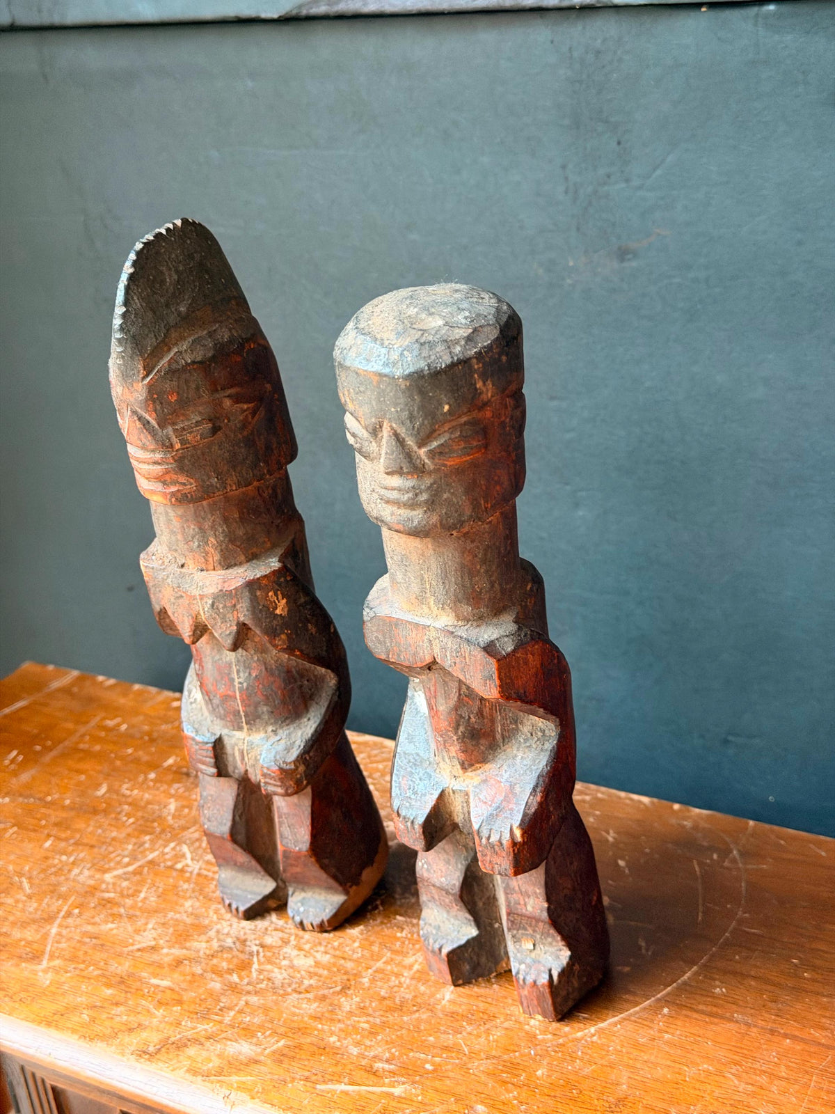 Vintage Yoruba Ere Ibeji Twin Figures Hand Carved Wood Nigeria Pair 9"