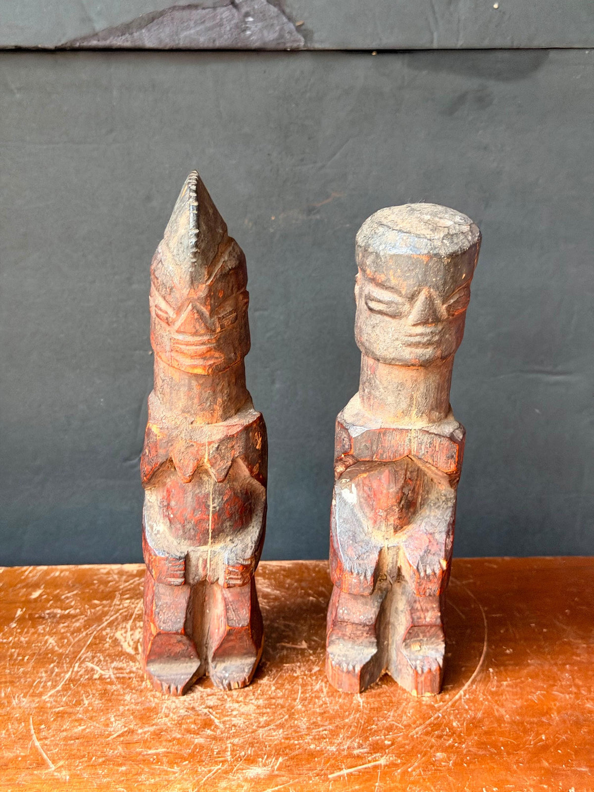 Vintage Yoruba Ere Ibeji Twin Figures Hand Carved Wood Nigeria Pair 9"
