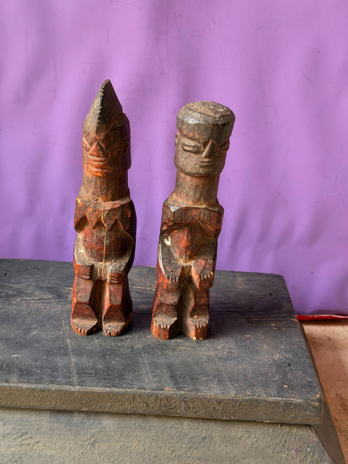 Vintage Yoruba Ere Ibeji Twin Figures Hand Carved Wood Nigeria Pair 9"
