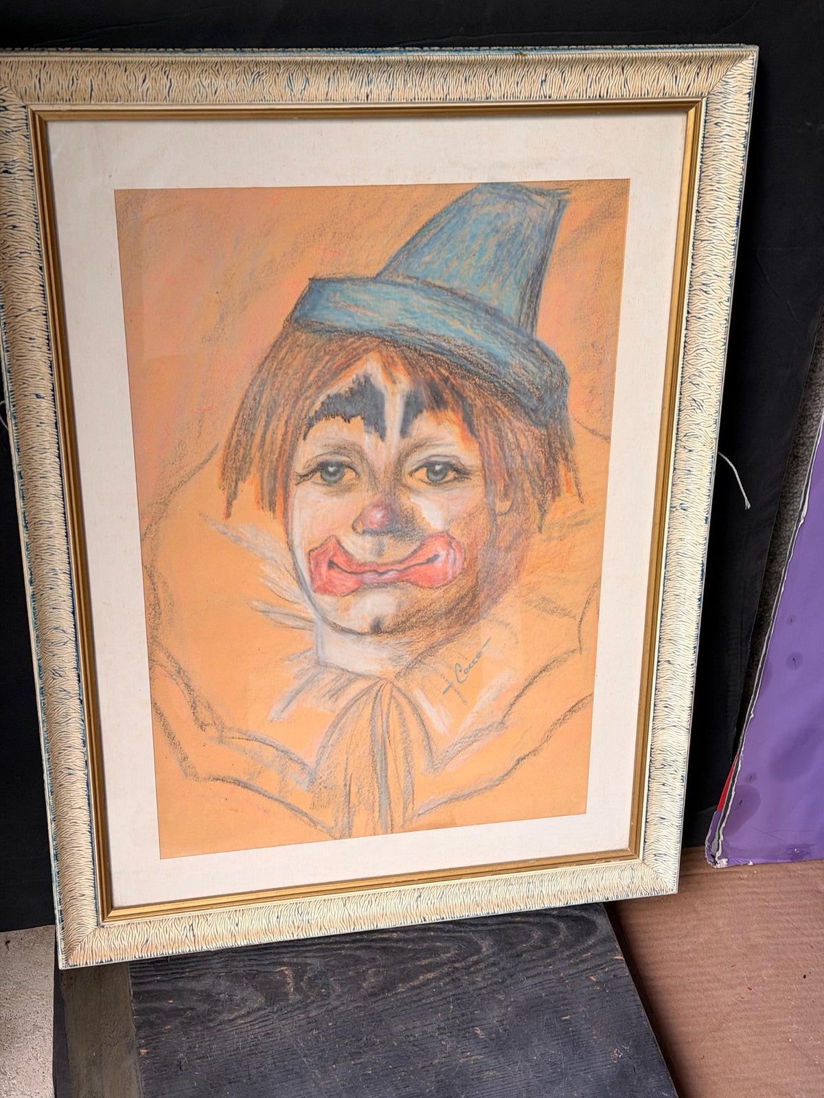 Vintage Original Pastel Clown Painting Signed Framed Circus Wall Art 22"