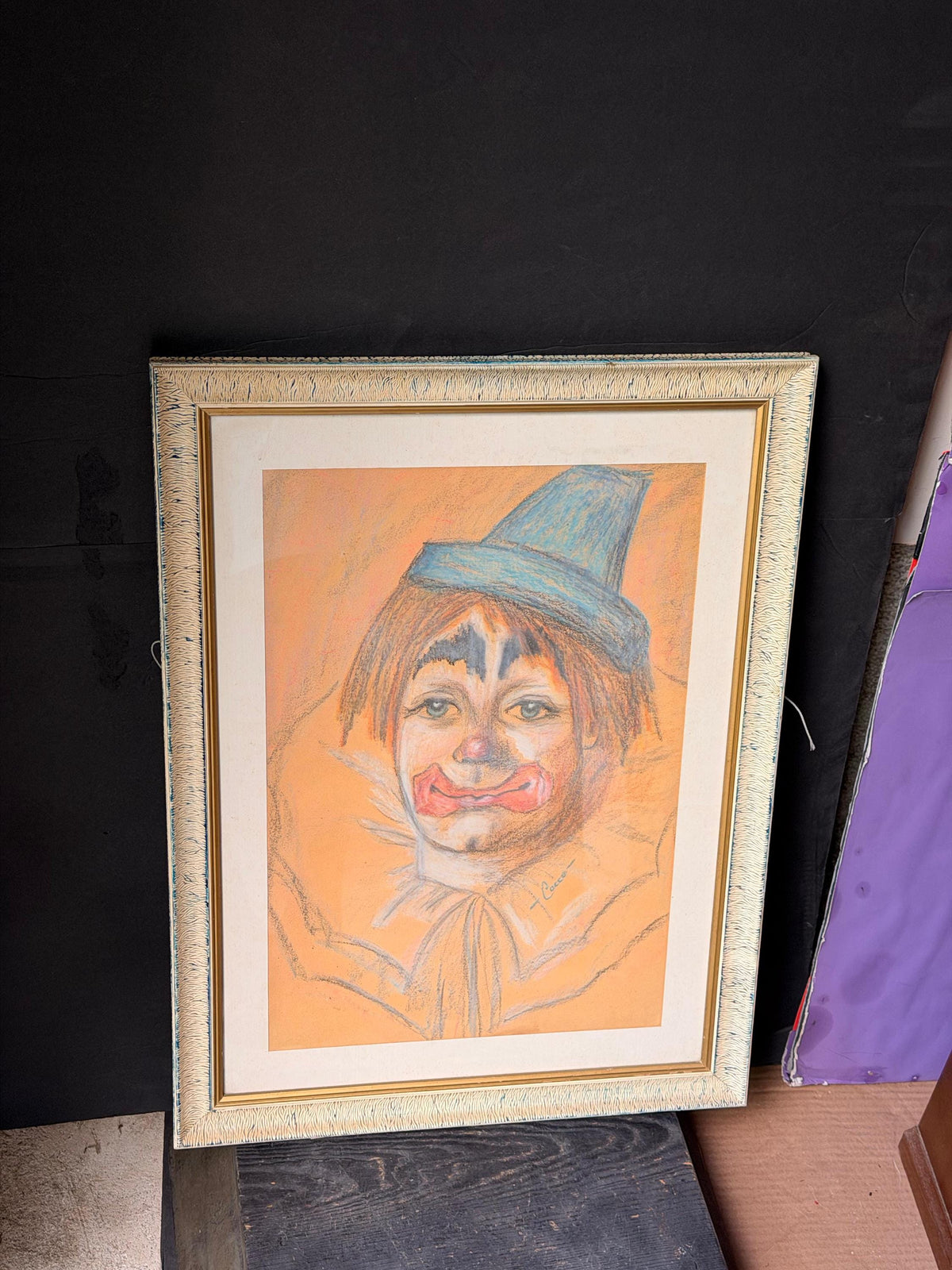 Vintage Original Pastel Clown Painting Signed Framed Circus Wall Art 22"