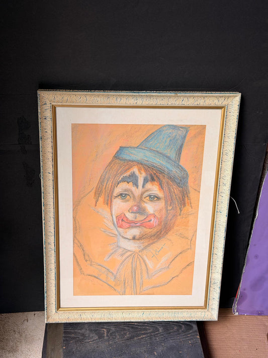 Vintage Original Pastel Clown Painting Signed Framed Circus Wall Art 22"