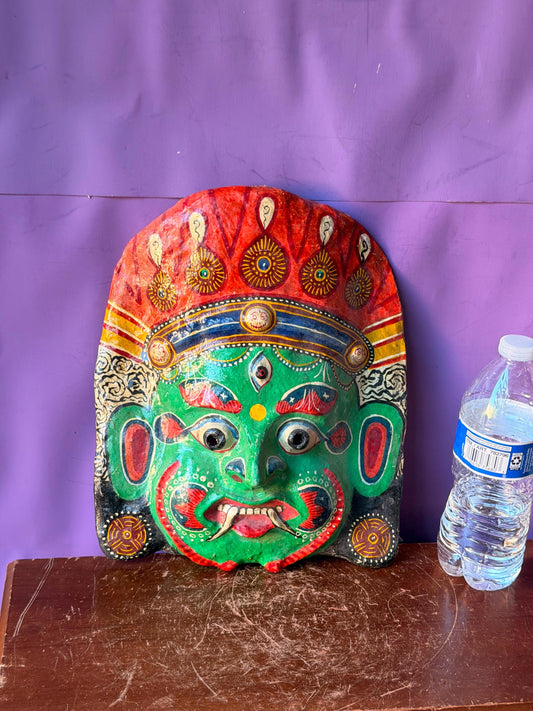 Vintage Nepalese Mask Hand Painted Green Guardian Goddess Nepal Folk Art Wall