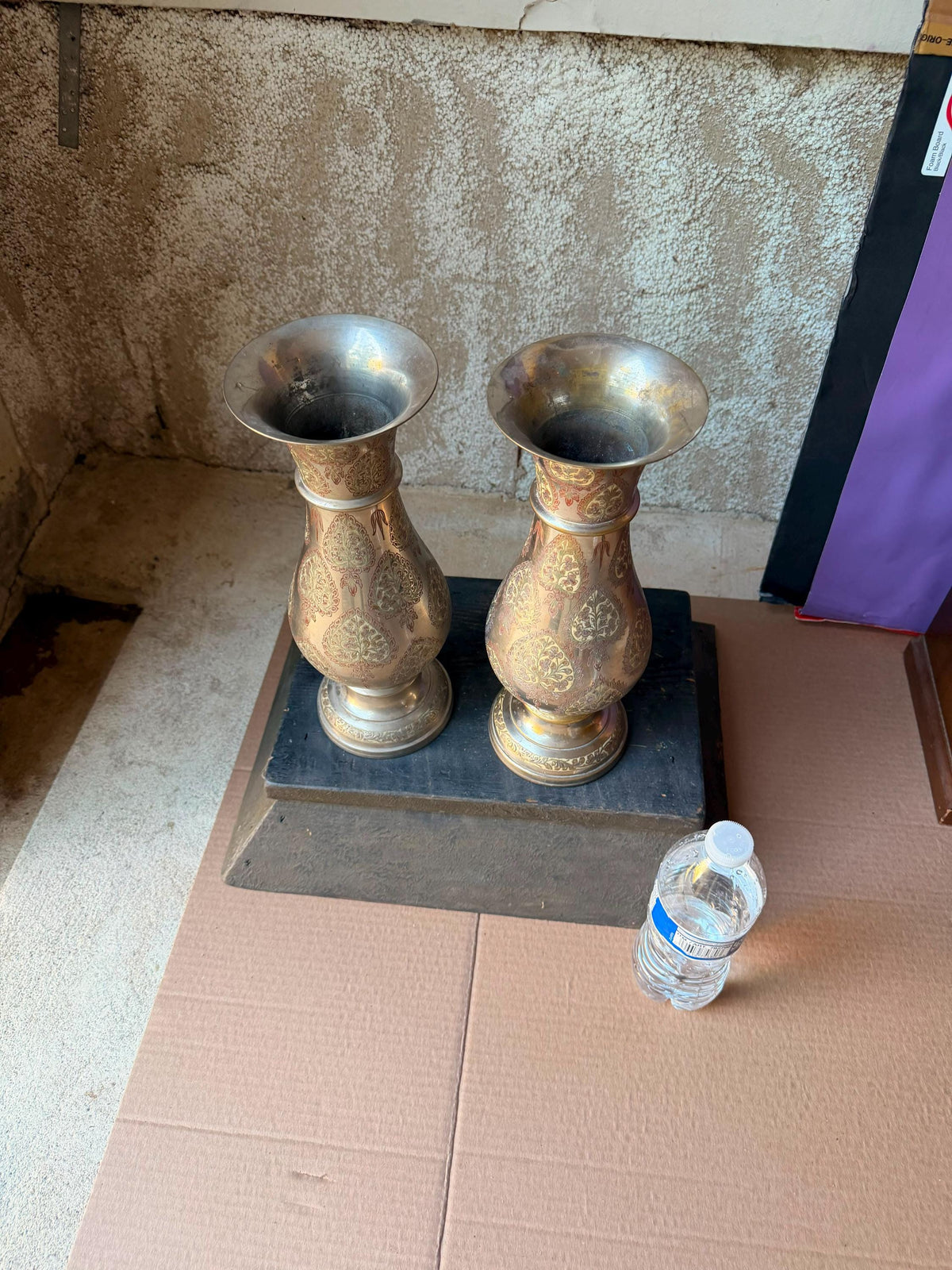 Pair Vintage Indian Etched Bronze Vases Large 12 Inch Floral Paisley Boho Urns
