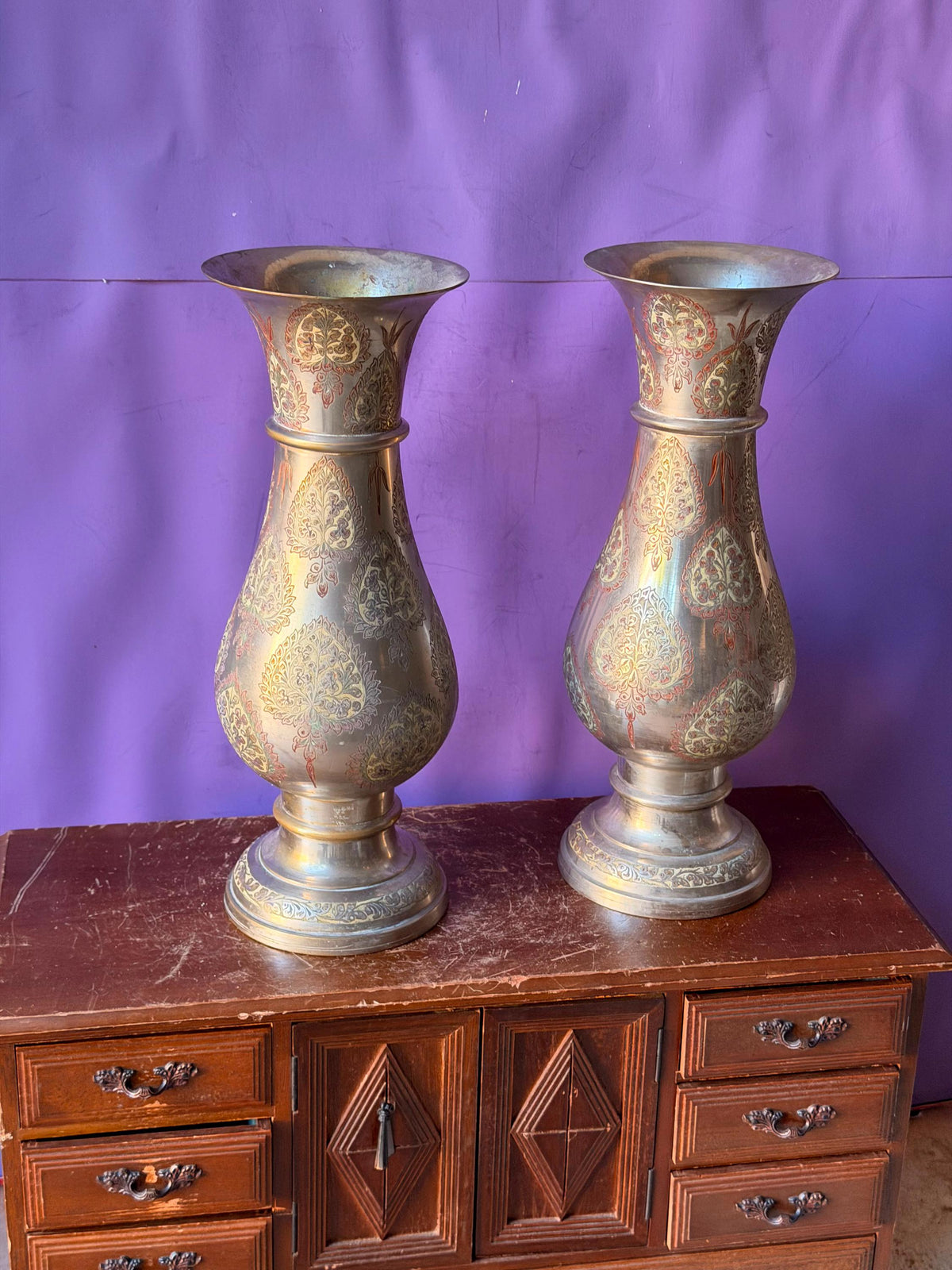 Pair Vintage Indian Etched Bronze Vases Large 12 Inch Floral Paisley Boho Urns